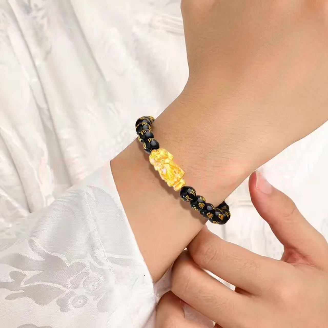 18K Gold Pixiu Six-Character Mantra Pure Gold Bracelet - Feng Shui Energy Bracelet
