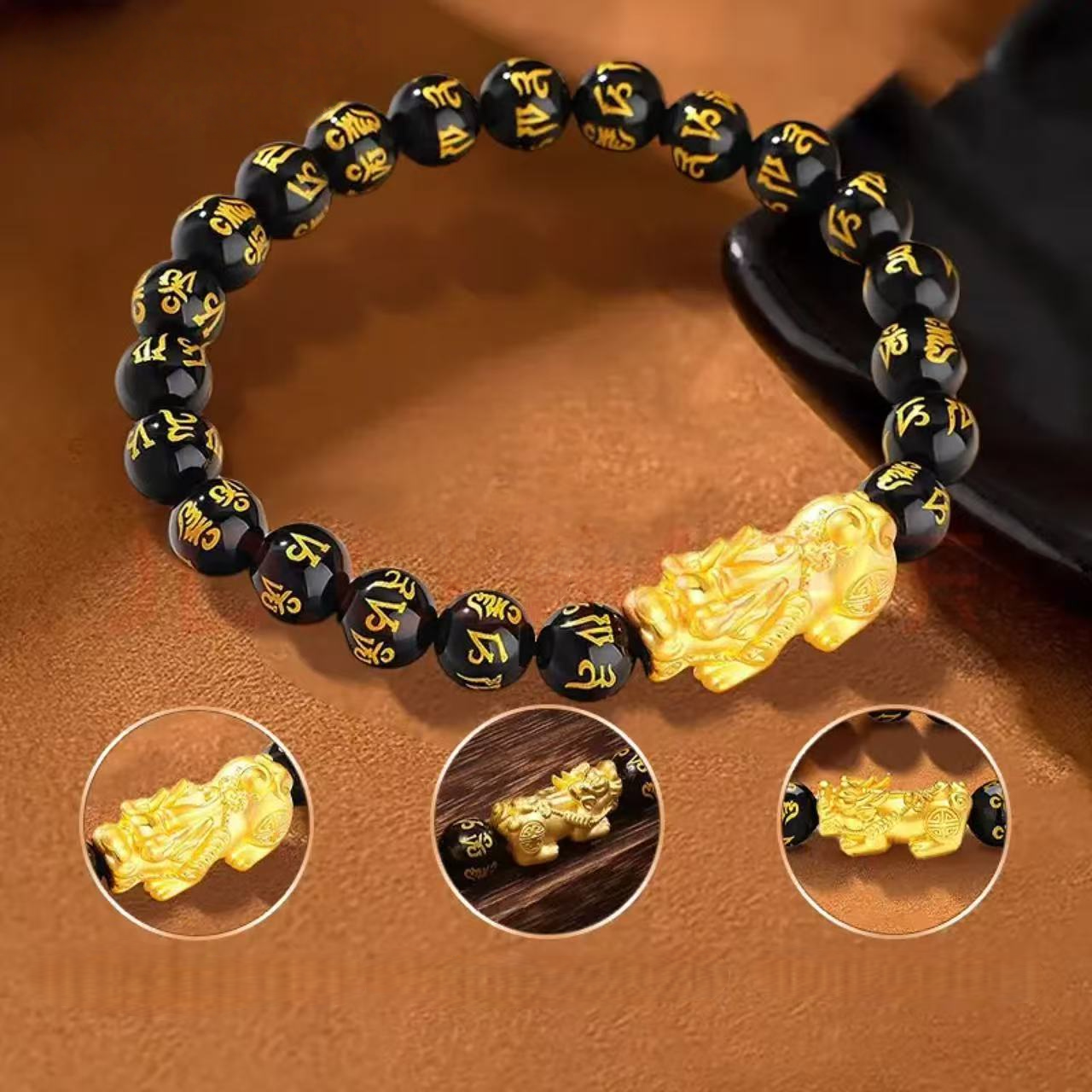 18K Gold Pixiu Six-Character Mantra Pure Gold Bracelet - Feng Shui Energy Bracelet
