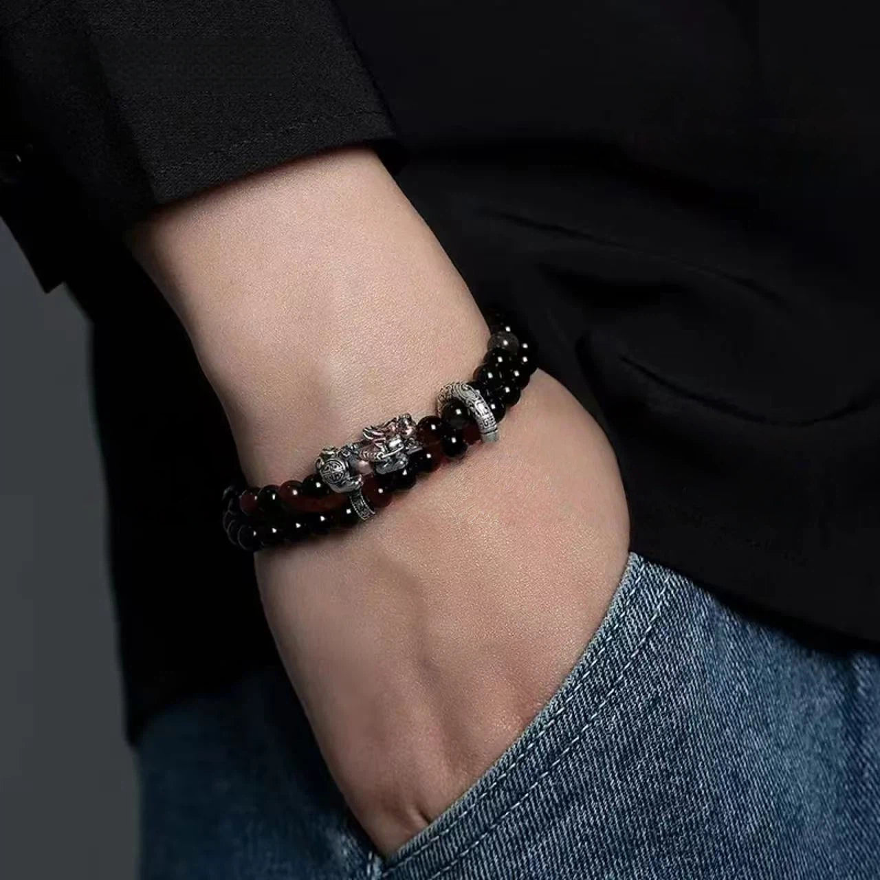 999 pure silver Pixiu bracelet for men - six-character mantra obsidian bracelet