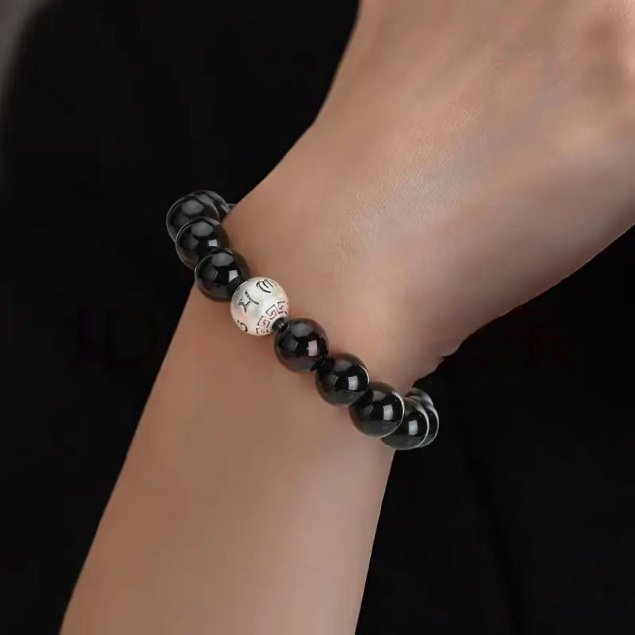 Pure silver zodiac bracelet for men - Six-mantra obsidian bracelet