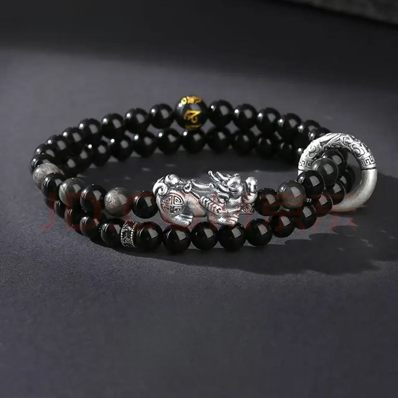 999 pure silver Pixiu bracelet for men - six-character mantra obsidian bracelet