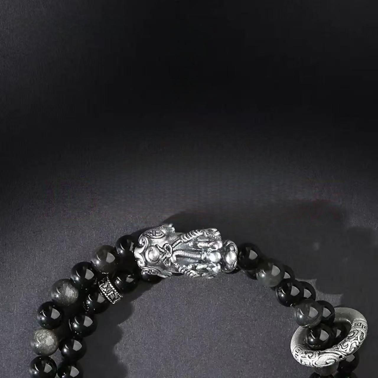 999 pure silver Pixiu bracelet for men - six-character mantra obsidian bracelet