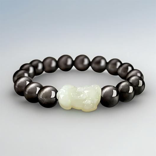 Hetian Jade Pixiu & Silver Obsidian Bracelet – A Guardian of Fortune, A Stone of Light