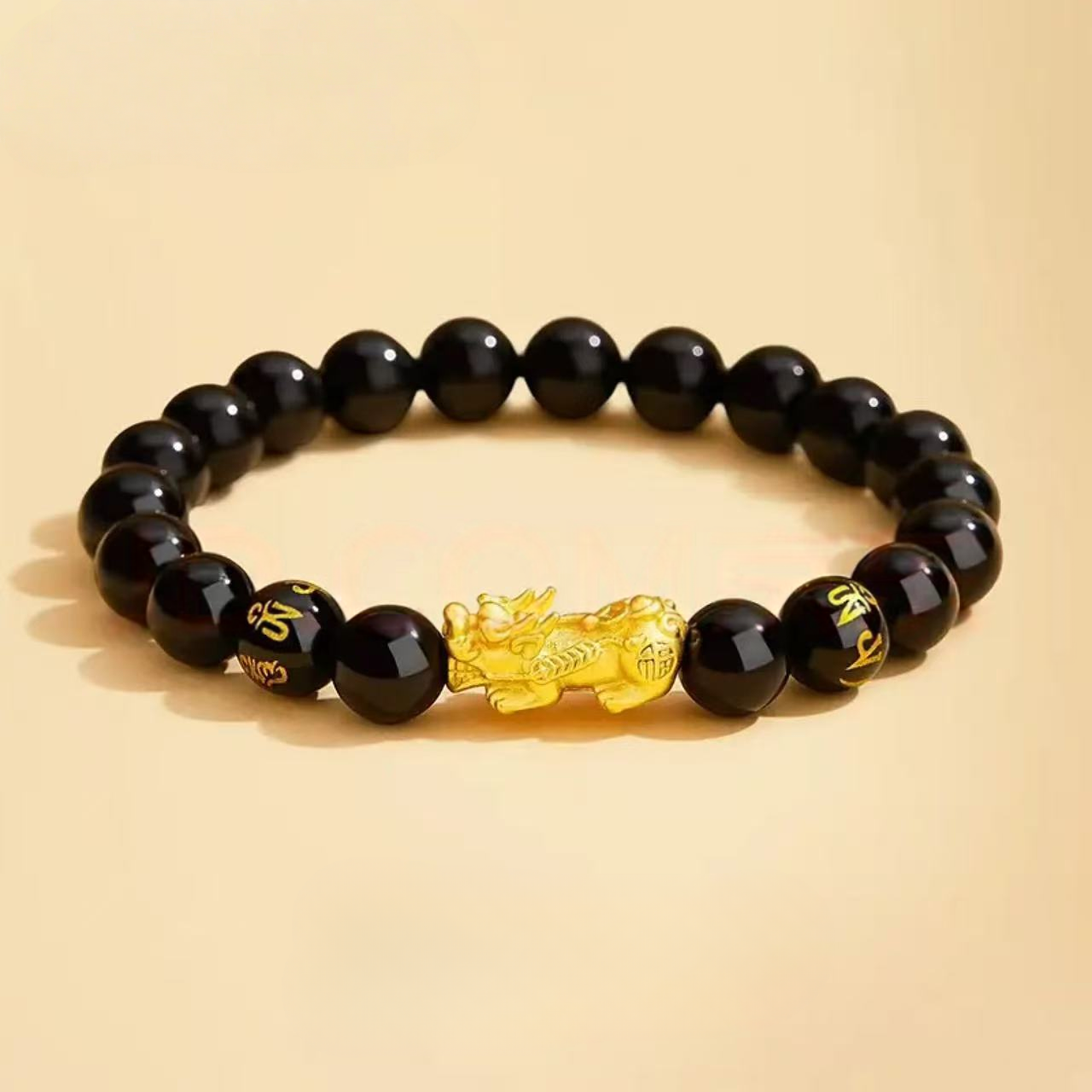 18K Gold Pixiu Bracelet for Men - Six-Character Mantra Obsidian Bracelet