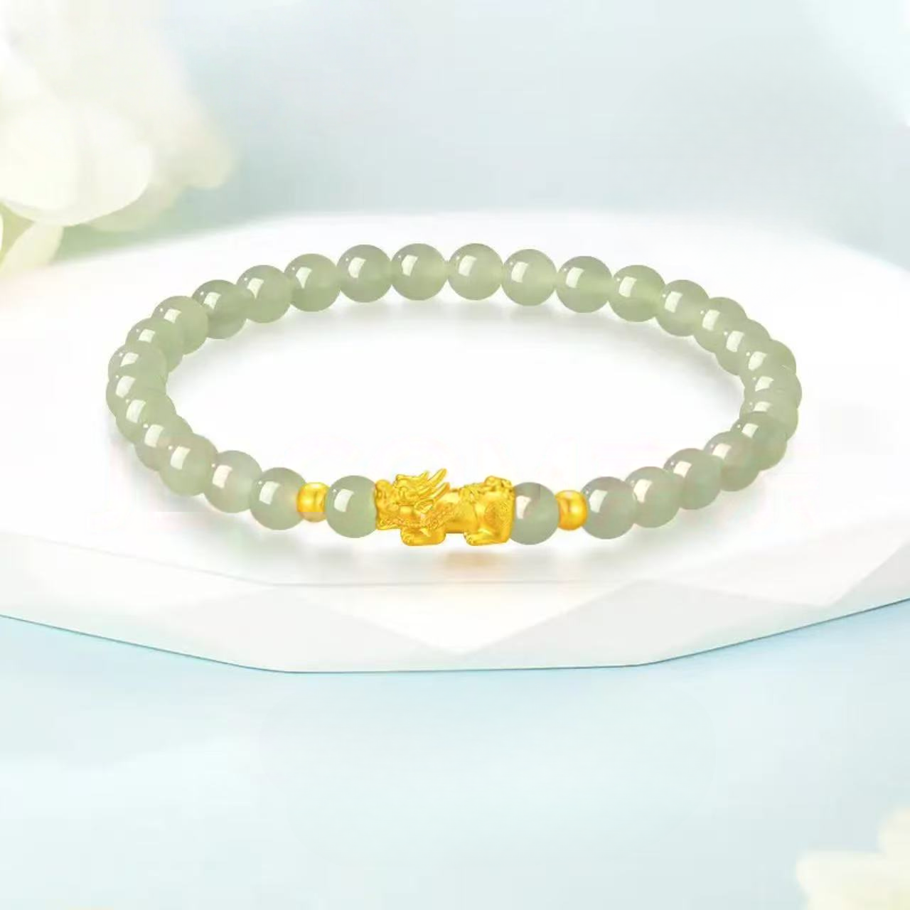Pixiu pure gold bracelet for women - lucky charm bead Hetian jade bracelet
