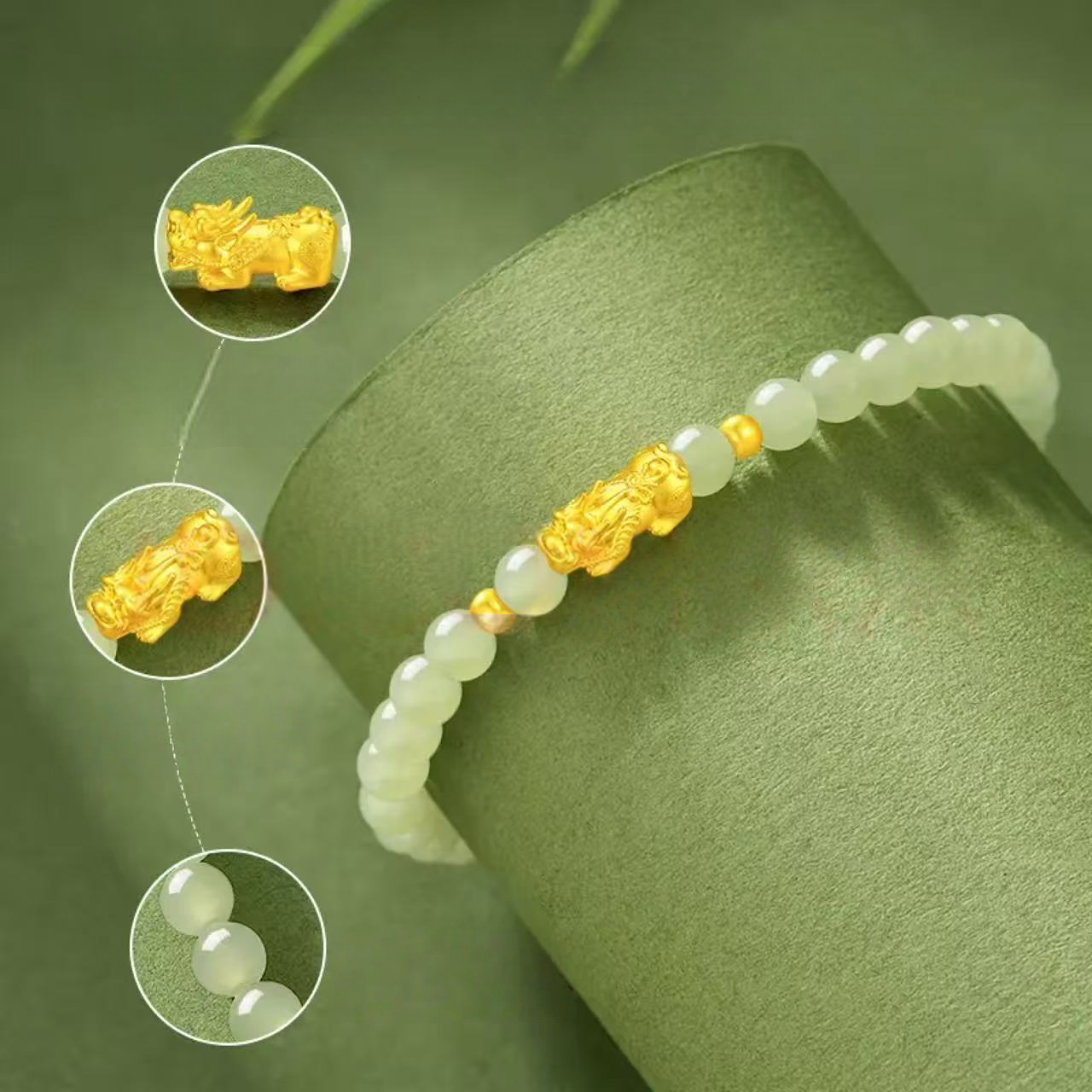Pixiu pure gold bracelet for women - lucky charm bead Hetian jade bracelet