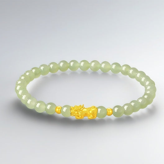 Pixiu pure gold bracelet for women - lucky charm bead Hetian jade bracelet