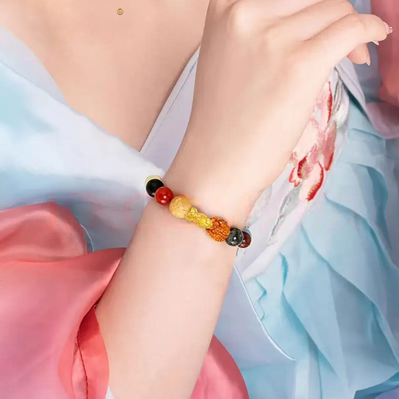 Pure gold Bodhi seed bracelet with auspicious beads and good fortune - Pixiu gold bracelet