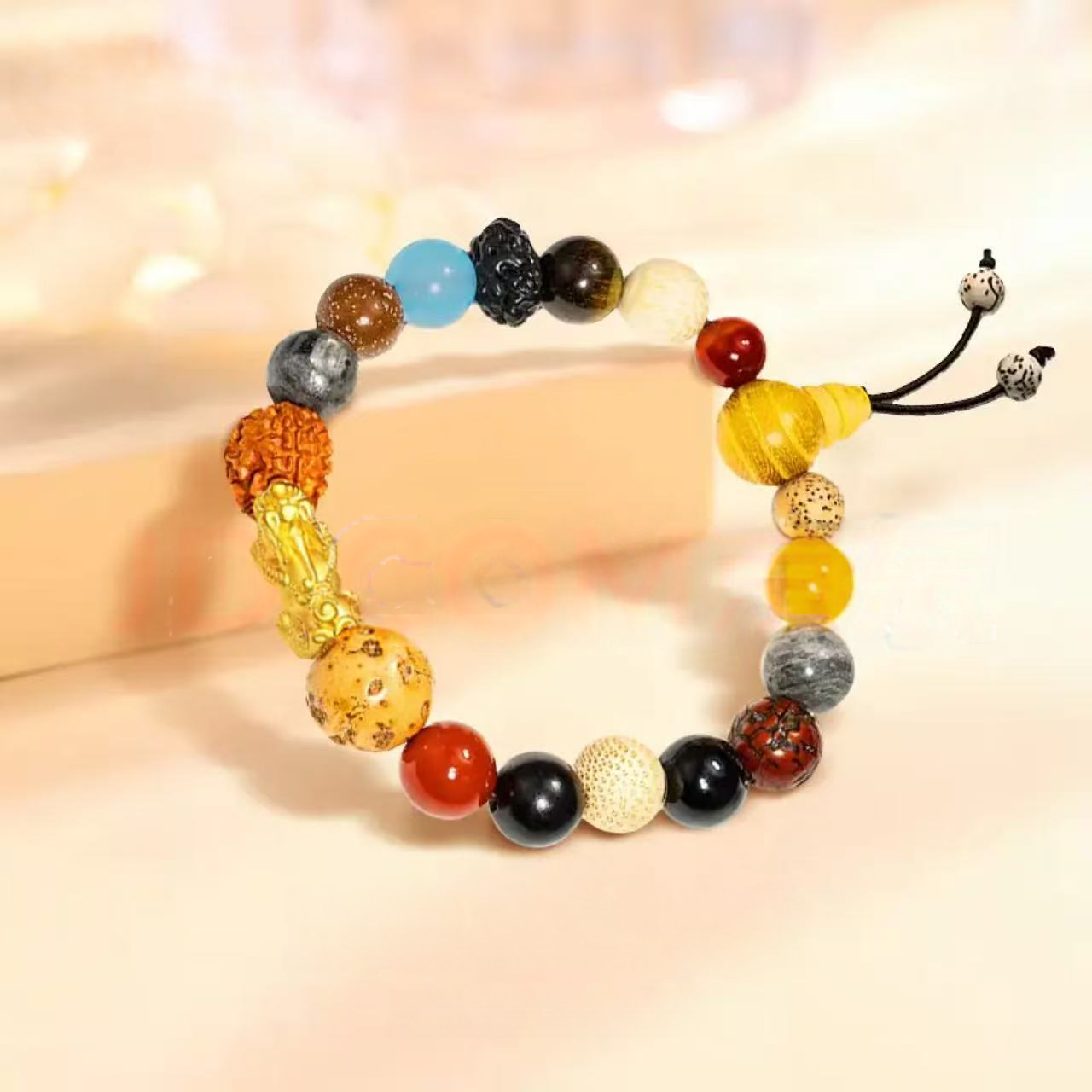 Pure gold Bodhi seed bracelet with auspicious beads and good fortune - Pixiu gold bracelet
