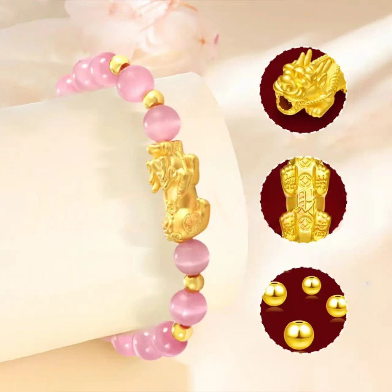 Pure gold cat's eye stone wealth-attracting bracelet - gold Pixiu lucky charm bracelet