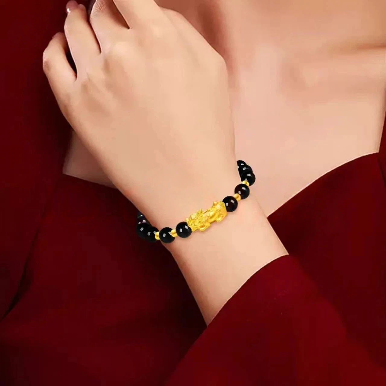 Gold Pixiu Bracelet for Men and Women - Pure Gold Obsidian Bracelet