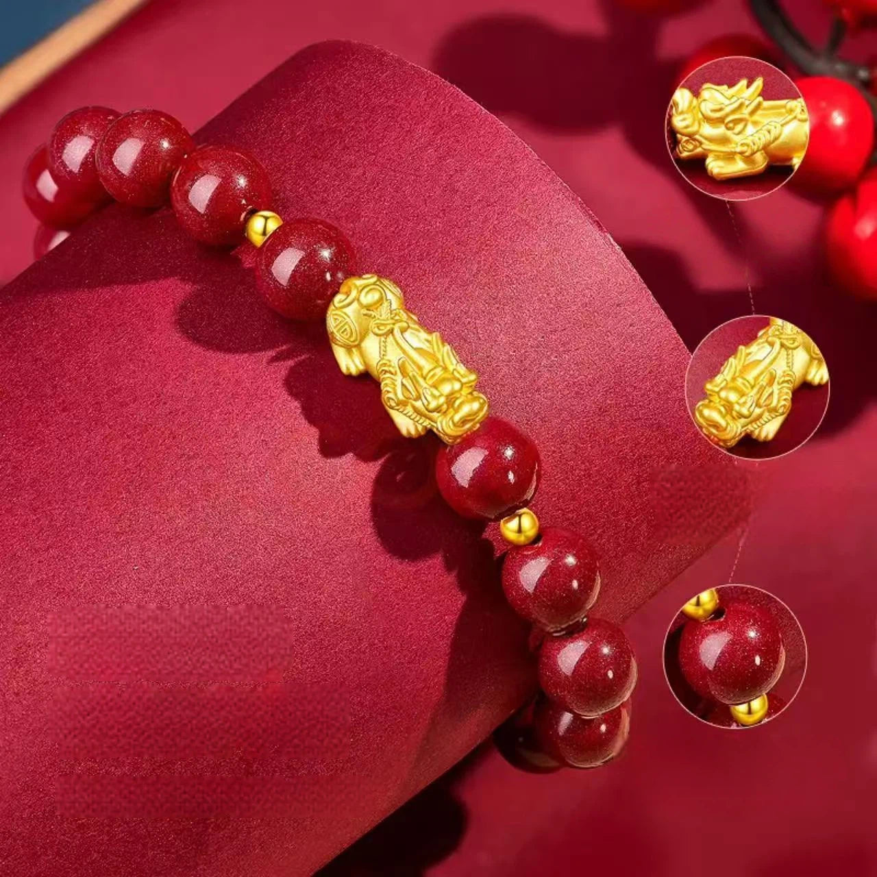 Women's Gold Pixiu Bracelet - Year of the Horse Zodiac Sign Bracelet with Cinnabar