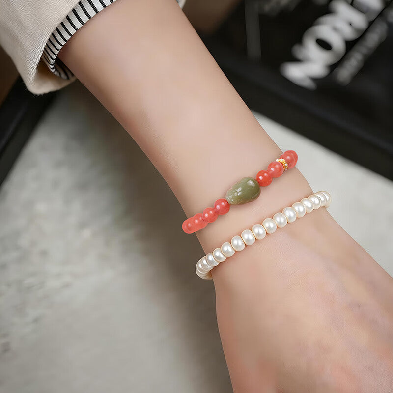 Cherry Red South Red Agate & Hetian Jade Pixiu Bracelet – A Perfect Balance of Fire and Grace