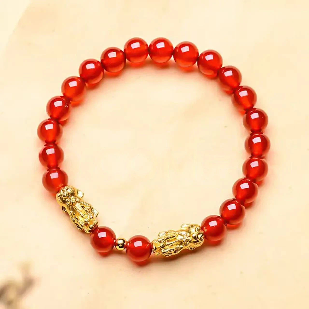 Women's pure gold Pixiu lucky charm bracelet-3D Hard Gold Red Agate Bracelet