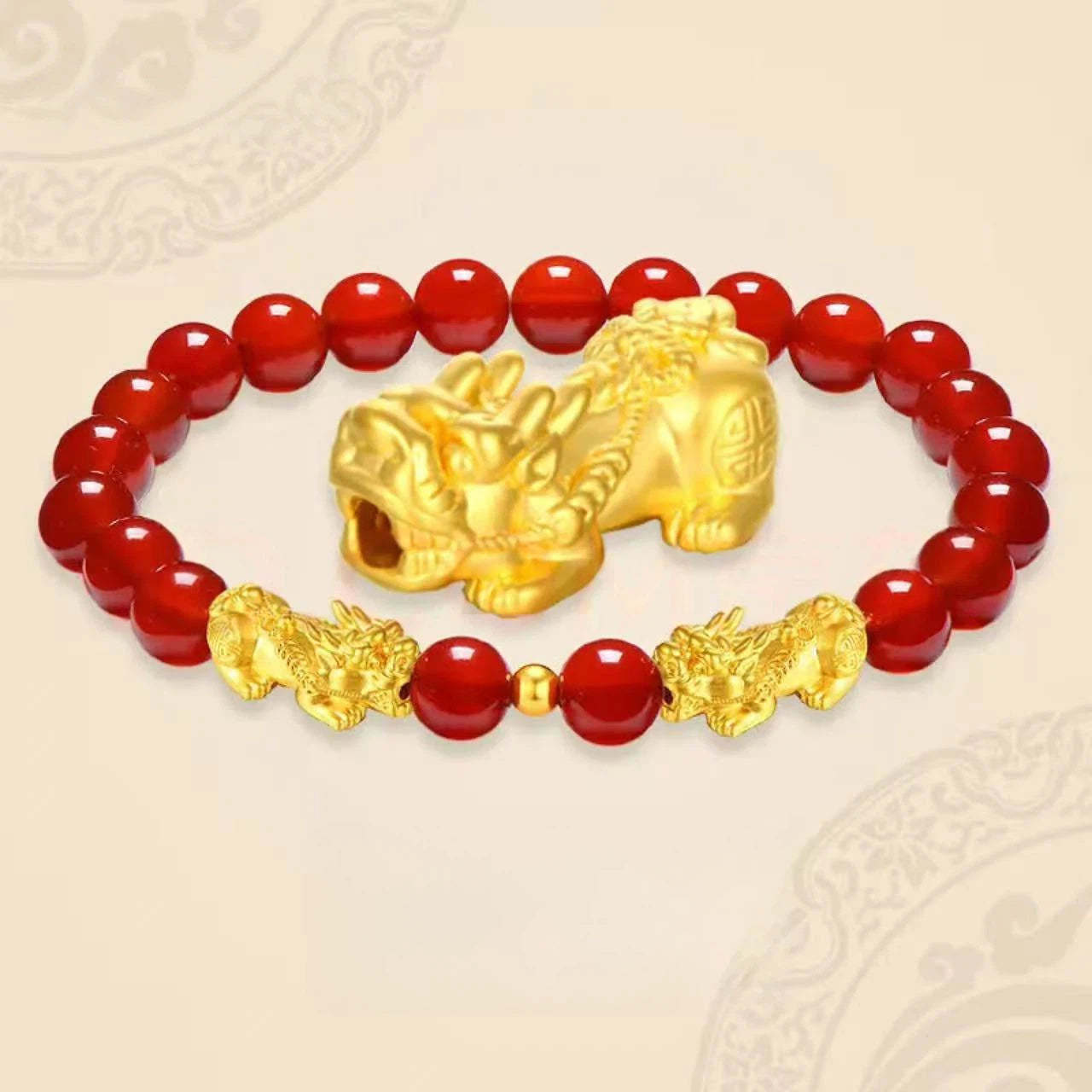 Women's pure gold Pixiu lucky charm bracelet-3D Hard Gold Red Agate Bracelet