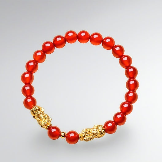 Women's pure gold Pixiu lucky charm bracelet-3D Hard Gold Red Agate Bracelet