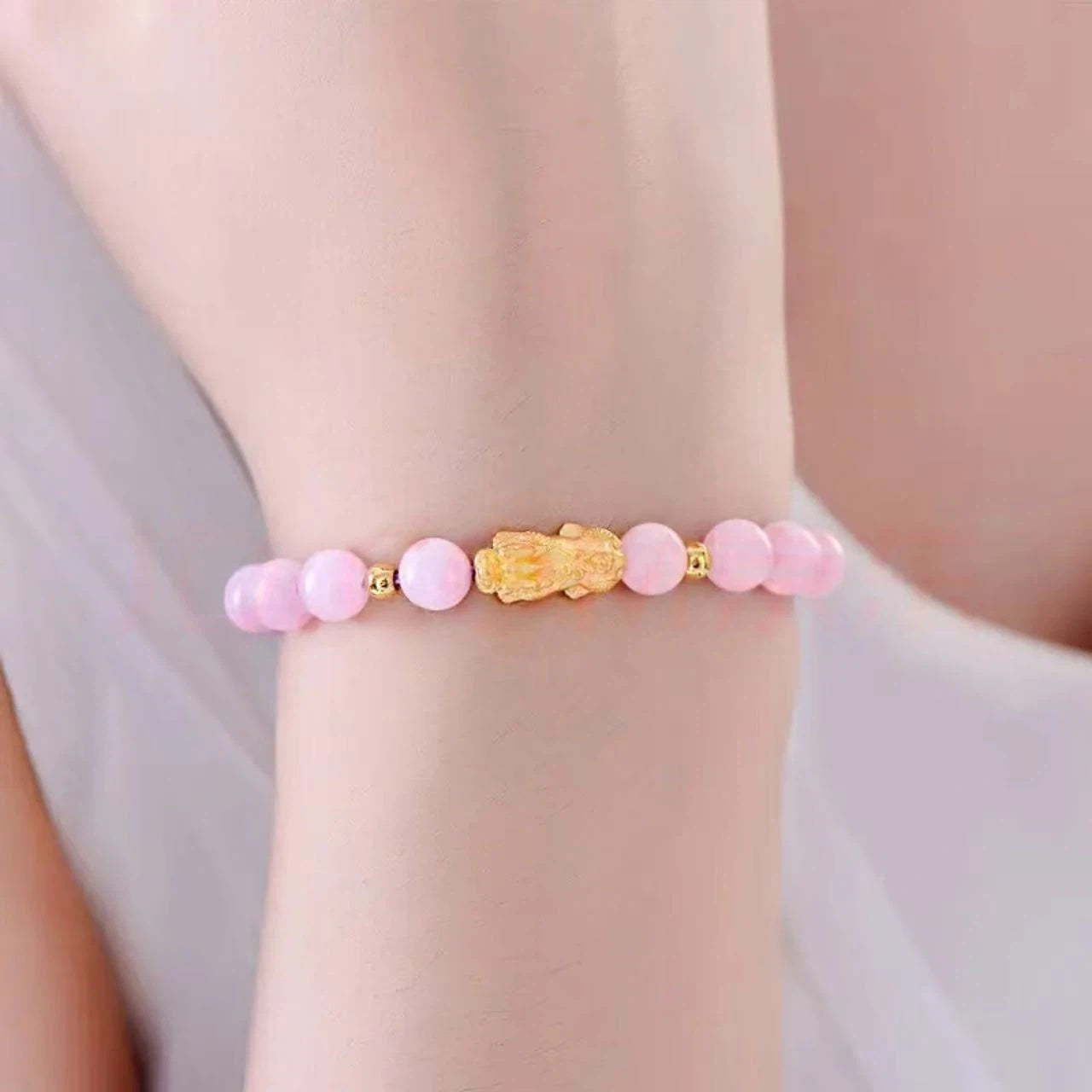 Pure gold Pixiu (mythical creature) bracelet for women-3D Hard Gold Lucky Bead Pink Crystal Bracelet