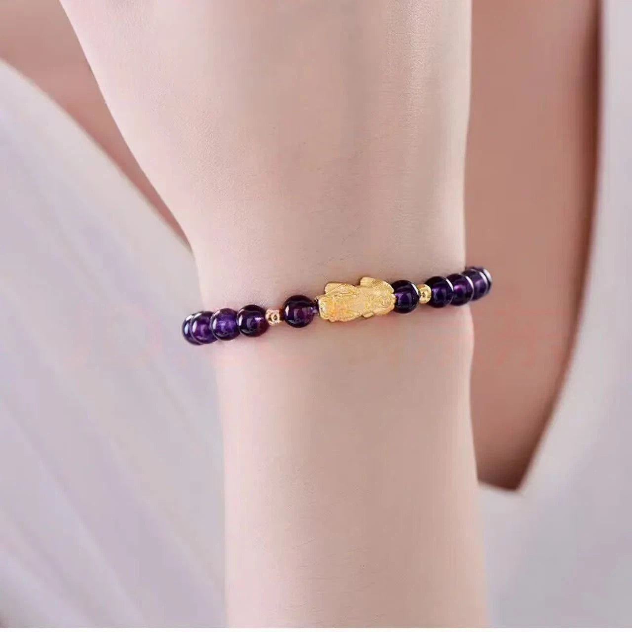 Pure gold Pixiu (mythical creature) bracelet for women-3D Hard Gold Lucky Bead Pink Crystal Bracelet