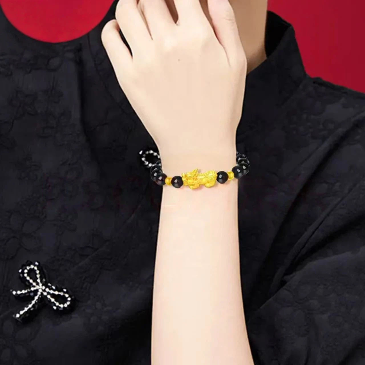 Gold Pixiu Bracelet for Men and Women - Pure Gold Lucky Bead Agate Bracelet