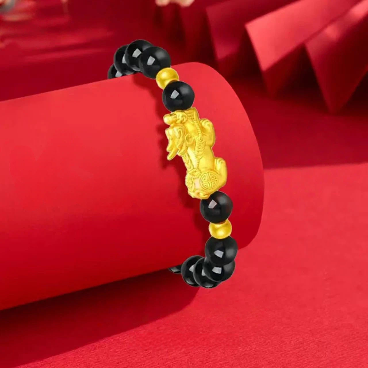Gold Pixiu Bracelet for Men and Women - Pure Gold Lucky Bead Agate Bracelet