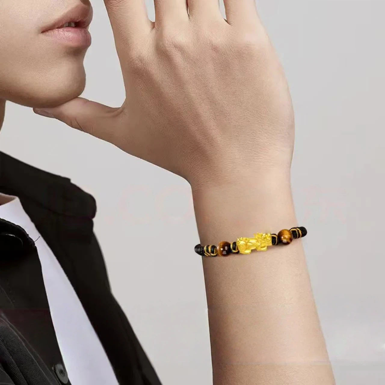 Men's Gold Pixiu Bracelet - Pure Gold Lucky Beads with Yellow Tiger Eye