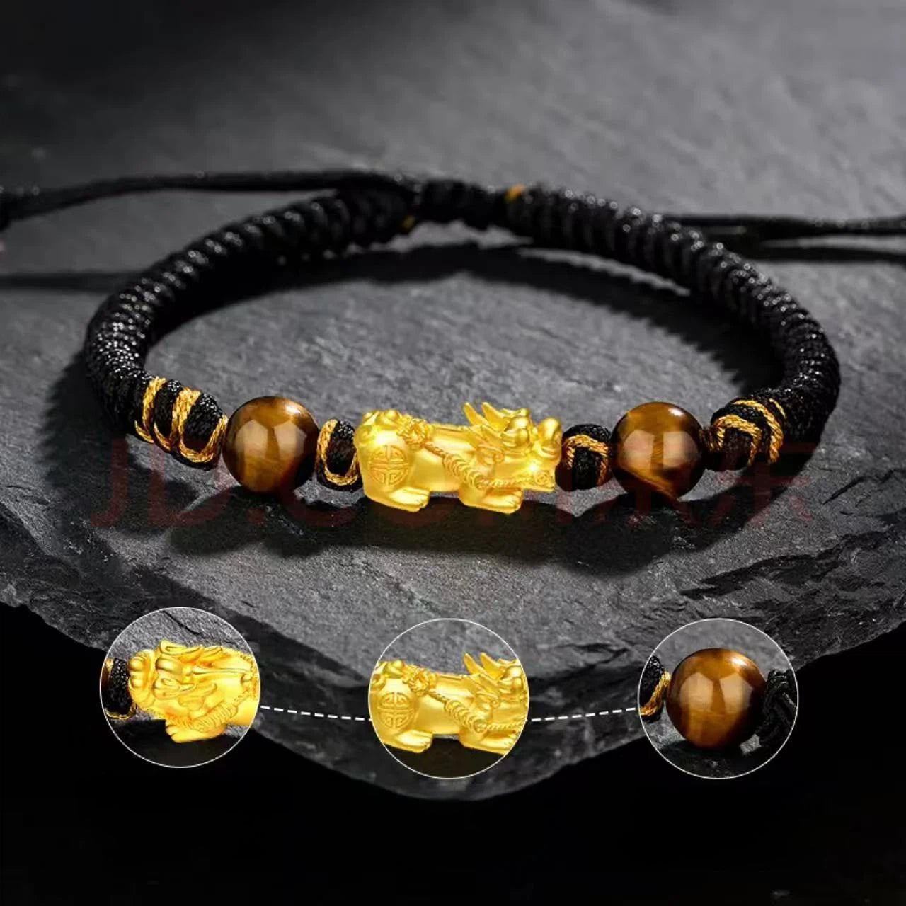 Men's Gold Pixiu Bracelet - Pure Gold Lucky Beads with Yellow Tiger Eye