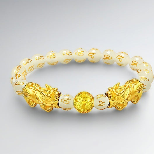 Pure gold Pixiu six-character mantra bracelet for women - gold bead bracelet