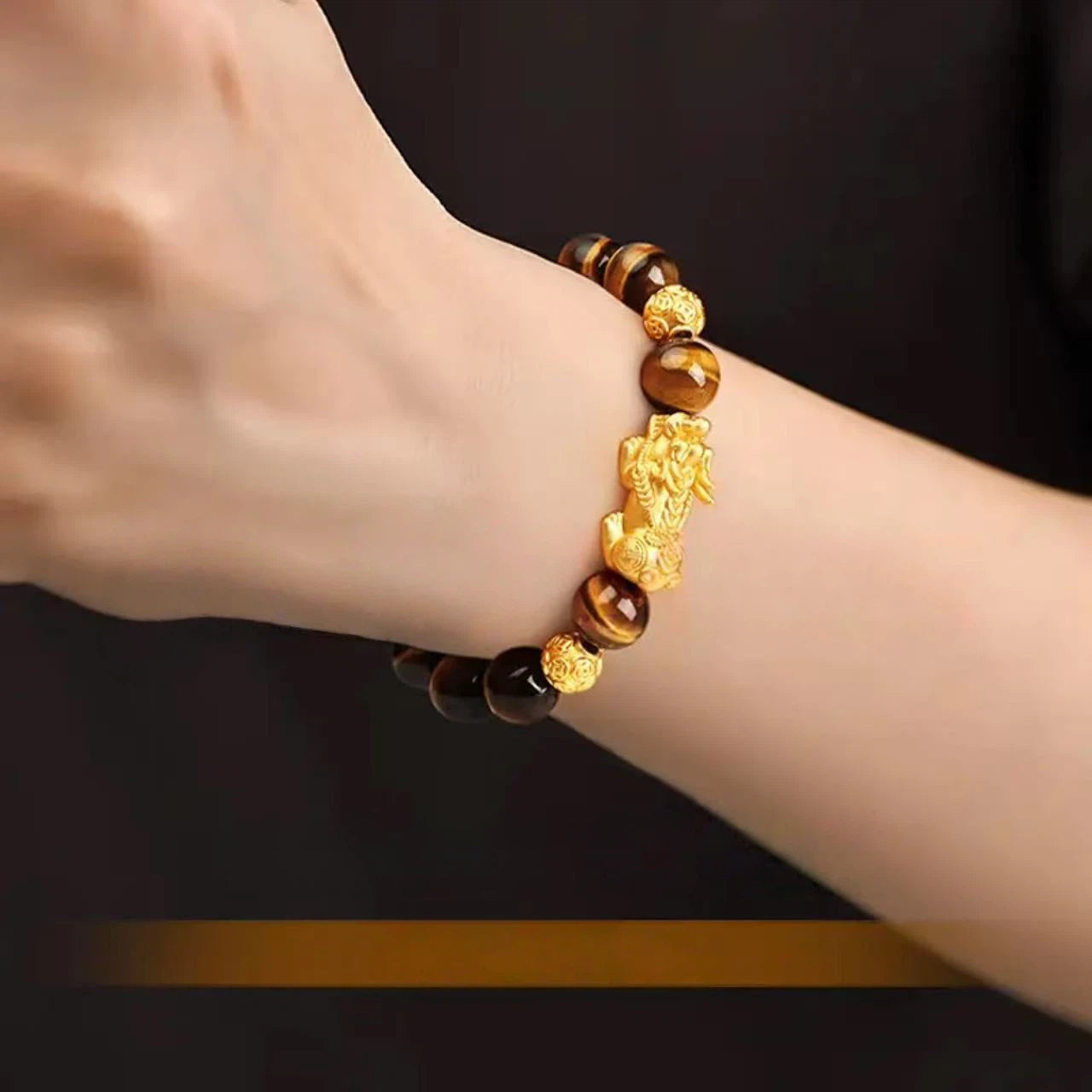 Men's gold Pixiu bracelet - pure gold tiger's eye stone bracelet