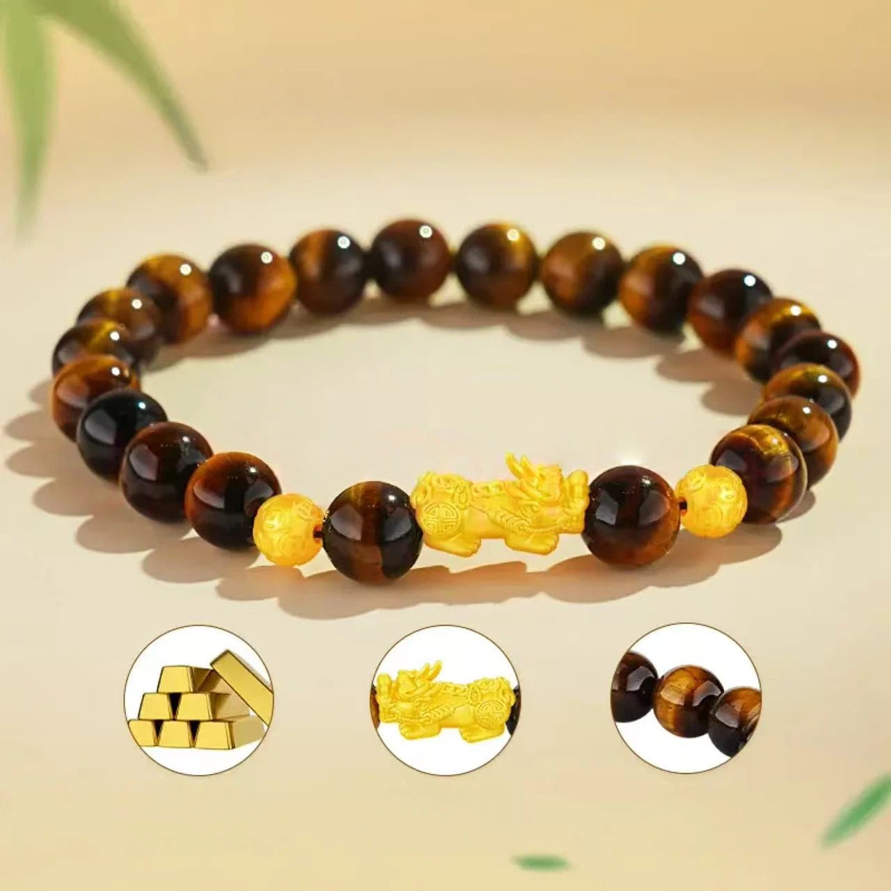 Men's gold Pixiu bracelet - pure gold tiger's eye stone bracelet