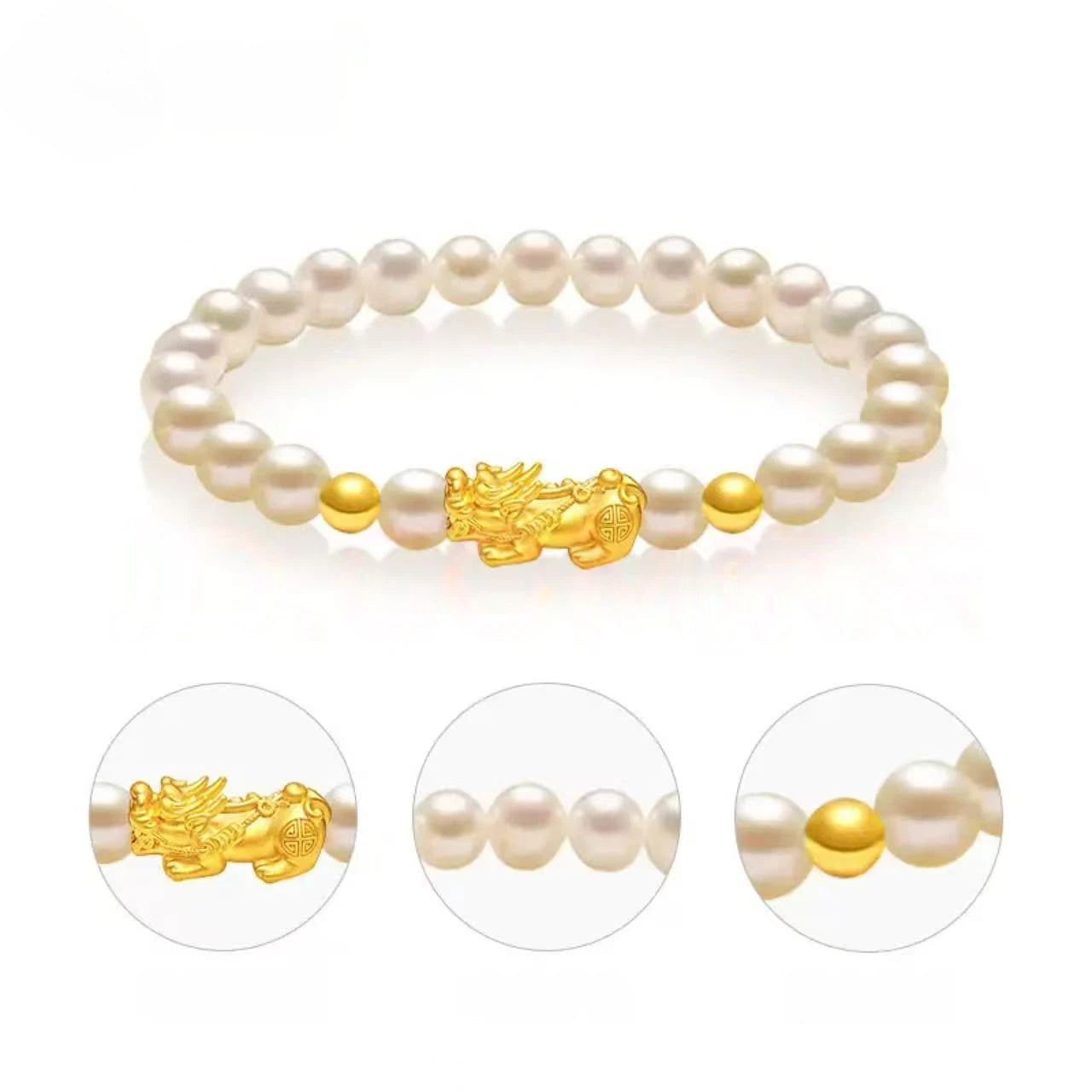 Pure gold Pixiu bracelet for women - gold and pearl wealth-attracting and luck-changing bead bracelet