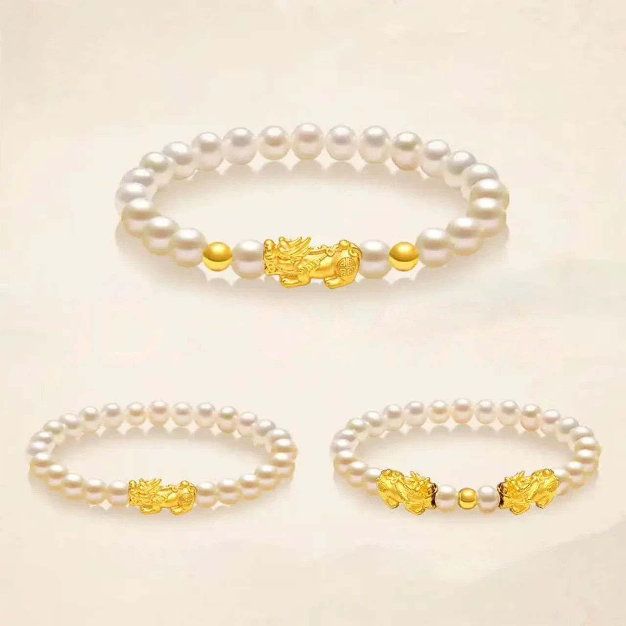 Pure gold Pixiu bracelet for women - gold and pearl wealth-attracting and luck-changing bead bracelet