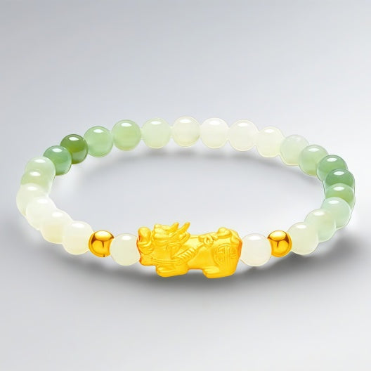 Women's Gold Pixiu Bracelet - Pure Gold and Hetian Jade Lucky Bead Bracelet