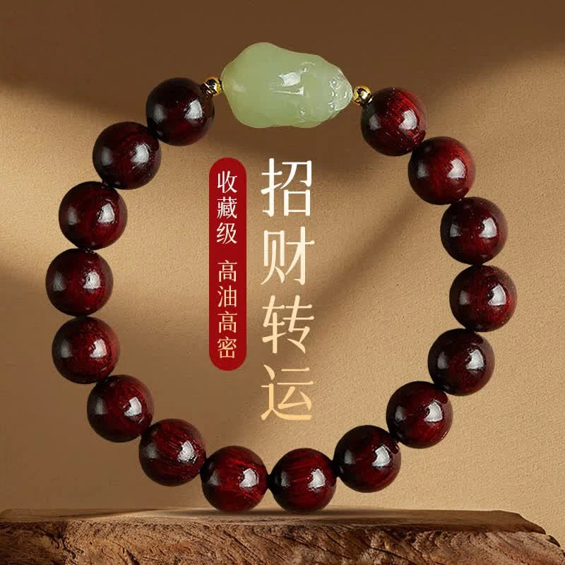 Collector‘s Grade Red Sandalwood & Hetian Jade Pixiu Bracelet – A Quiet Retreat for the Modern Mind