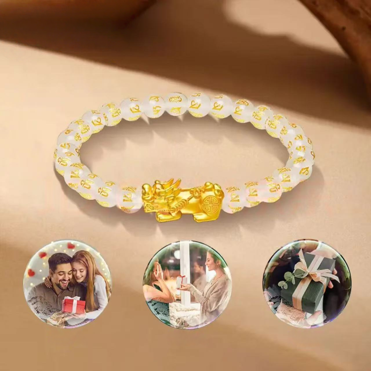 18K Gold 3D Pixiu Six-Character Mantra Bracelet - Feng Shui Energy Bracelet