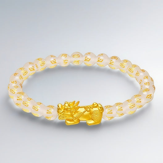 18K Gold 3D Pixiu Six-Character Mantra Bracelet - Feng Shui Energy Bracelet