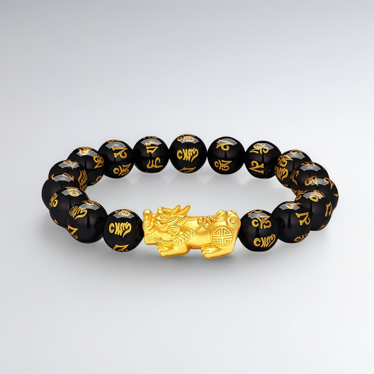 18K Gold Pixiu Six-Character Mantra Pure Gold Bracelet - Feng Shui Energy Bracelet