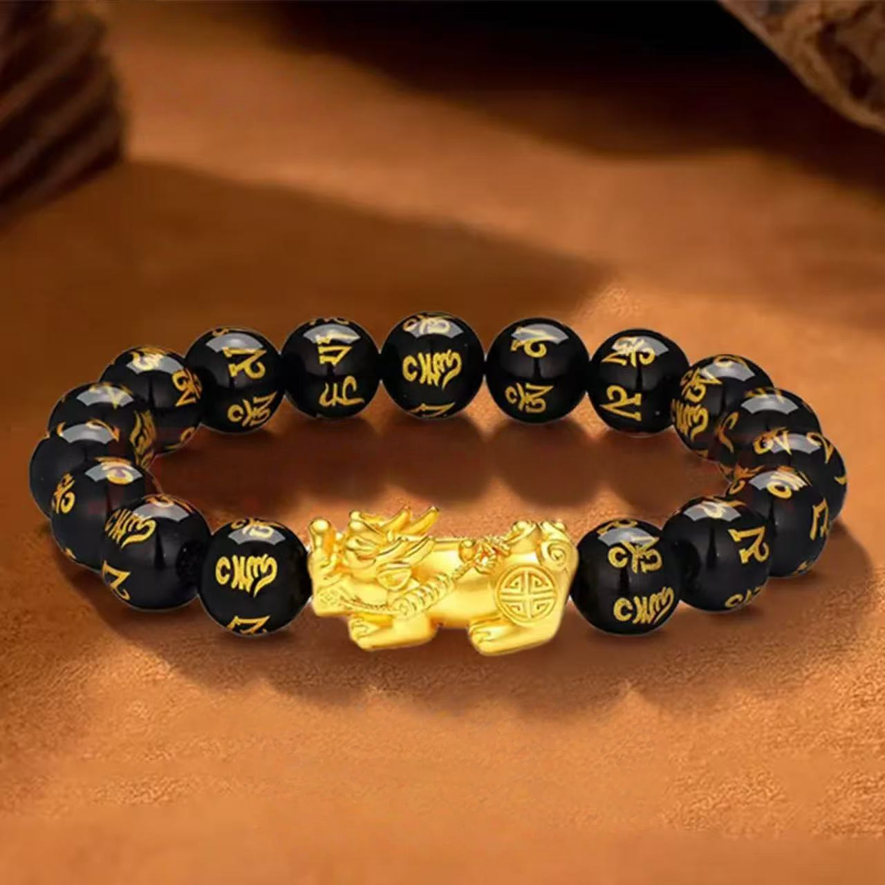 18K Gold Pixiu Six-Character Mantra Pure Gold Bracelet - Feng Shui Energy Bracelet