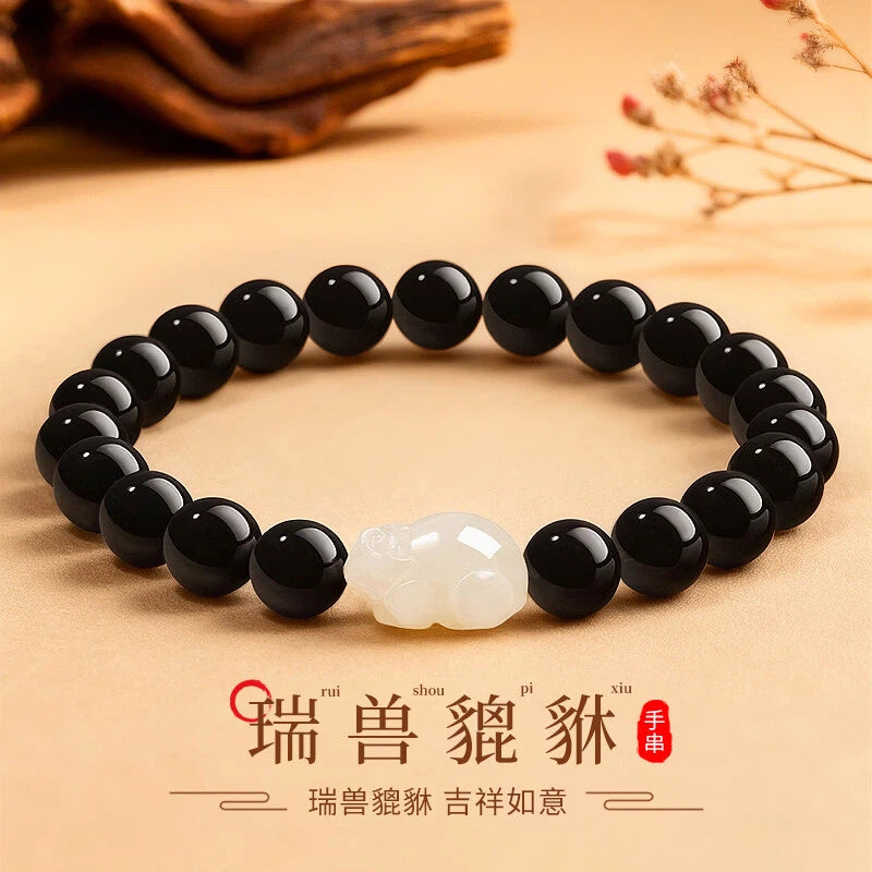 Hetian Jade Pixiu & Obsidian Bracelet – A Guardian of Wealth, A Stone of Power