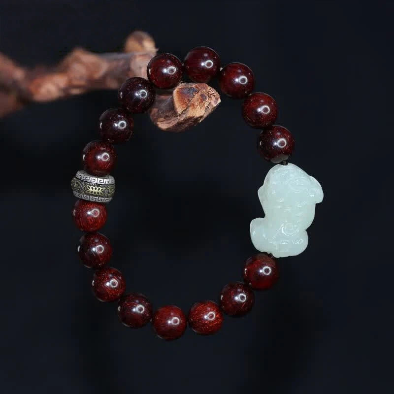 Aged Indian Red Sandalwood & Hetian Jade Pixiu Bracelet – Dense, Oily, and Woven with Meaning