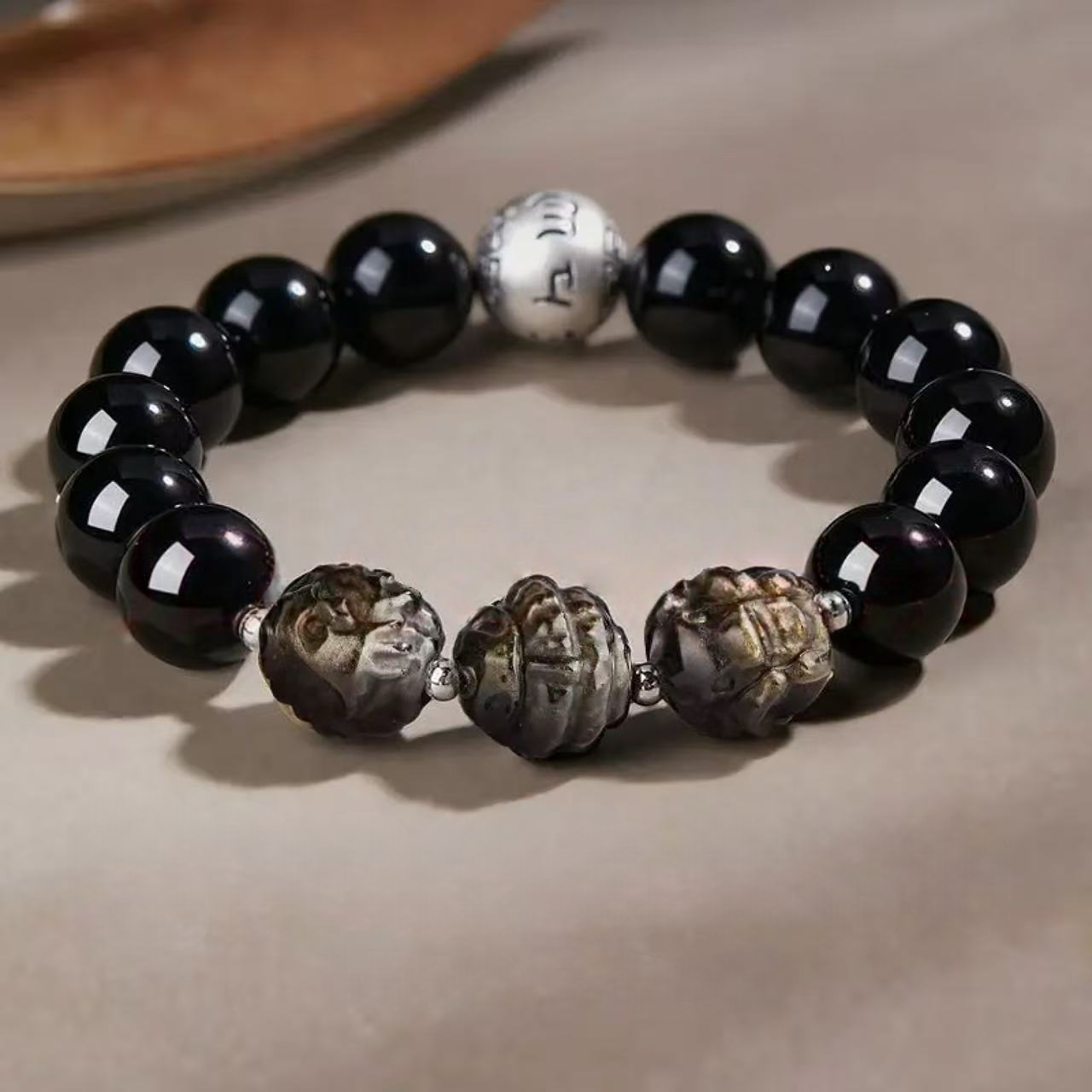 Pure silver zodiac bracelet for men - Six-mantra obsidian bracelet