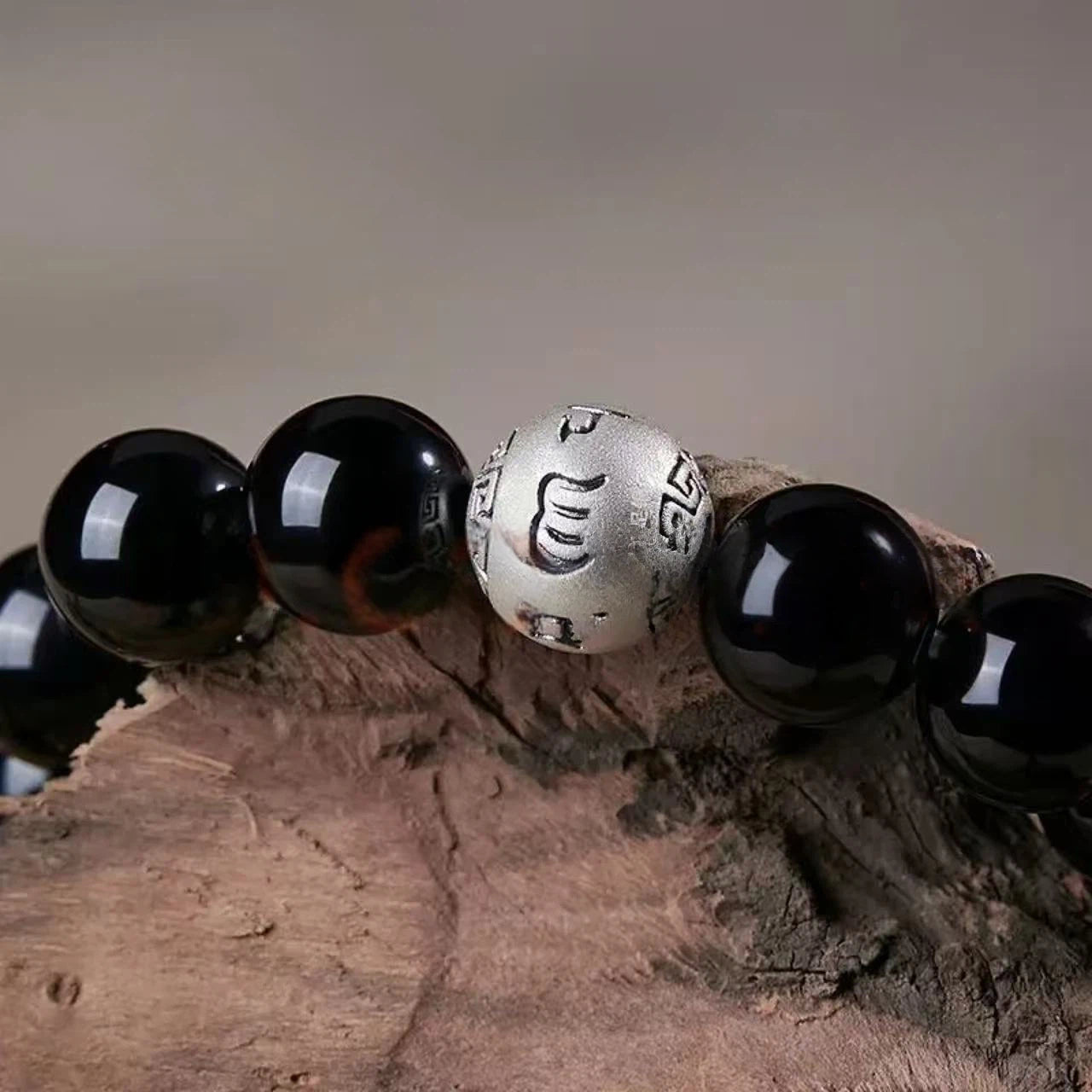Pure silver zodiac bracelet for men - Six-mantra obsidian bracelet