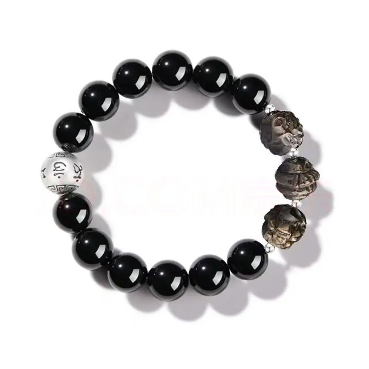 Pure silver zodiac bracelet for men - Six-mantra obsidian bracelet