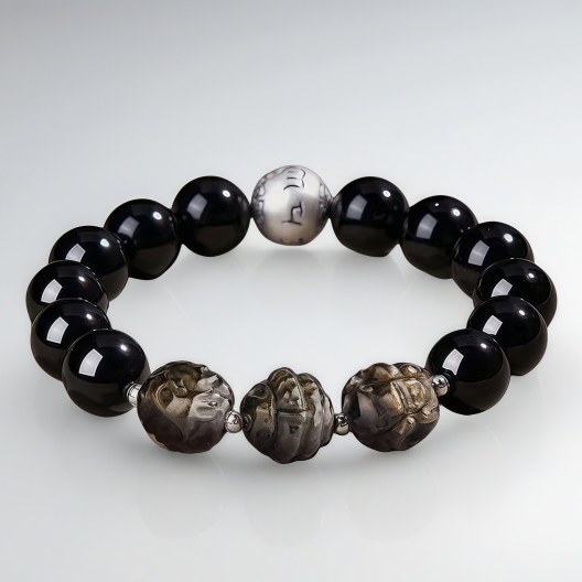 Pure silver zodiac bracelet for men - Six-mantra obsidian bracelet