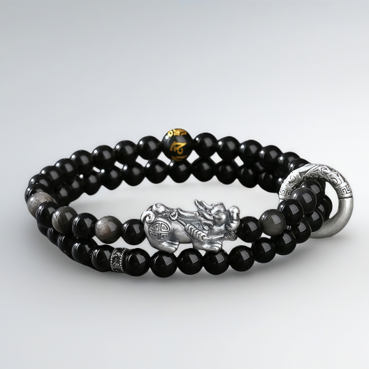 999 pure silver Pixiu bracelet for men - six-character mantra obsidian bracelet