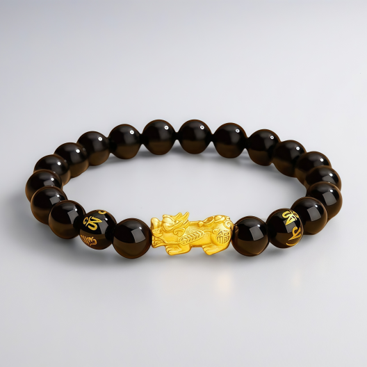 18K Gold Pixiu Bracelet for Men - Six-Character Mantra Obsidian Bracelet