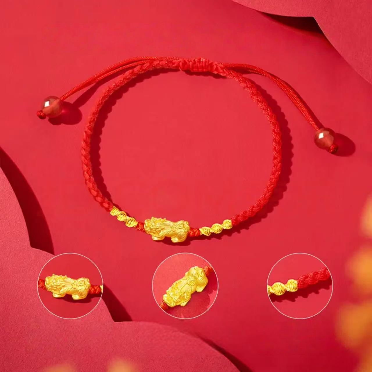 Pixiu Gold Bracelet for Women - Pure Gold Lucky Bead Red Rope Bracelet