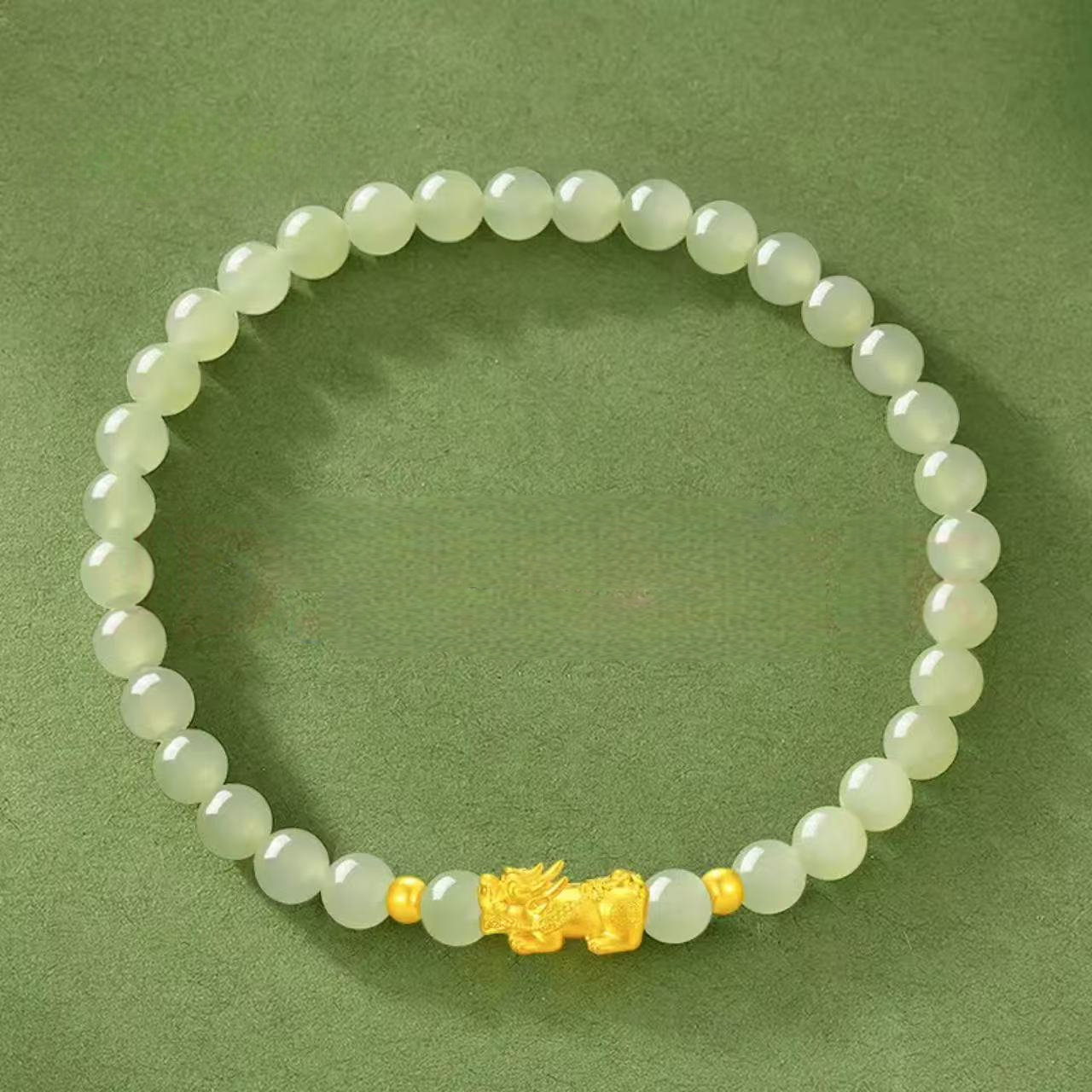 Pixiu pure gold bracelet for women - lucky charm bead Hetian jade bracelet
