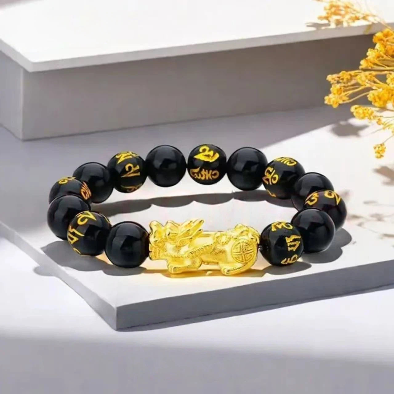 Six-character mantra pure gold Pixiu bracelet for men - lucky charm Pixiu bracelet