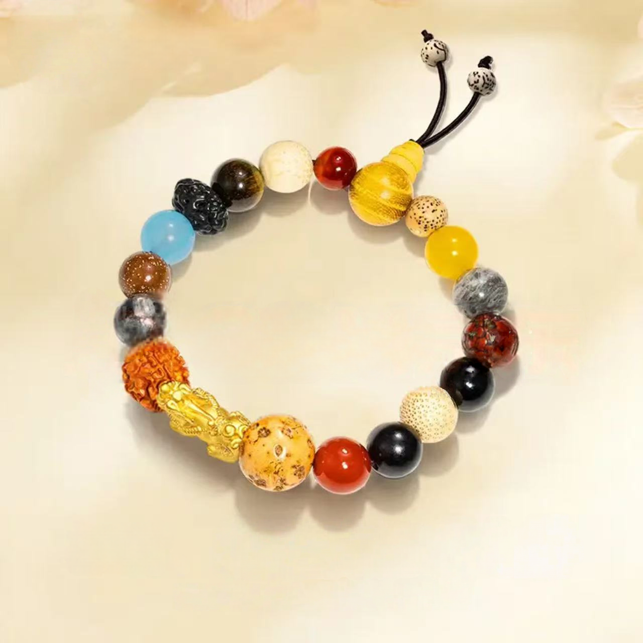 Pure gold Bodhi seed bracelet with auspicious beads and good fortune - Pixiu gold bracelet