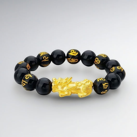 Six-character mantra pure gold Pixiu bracelet for men - lucky charm Pixiu bracelet